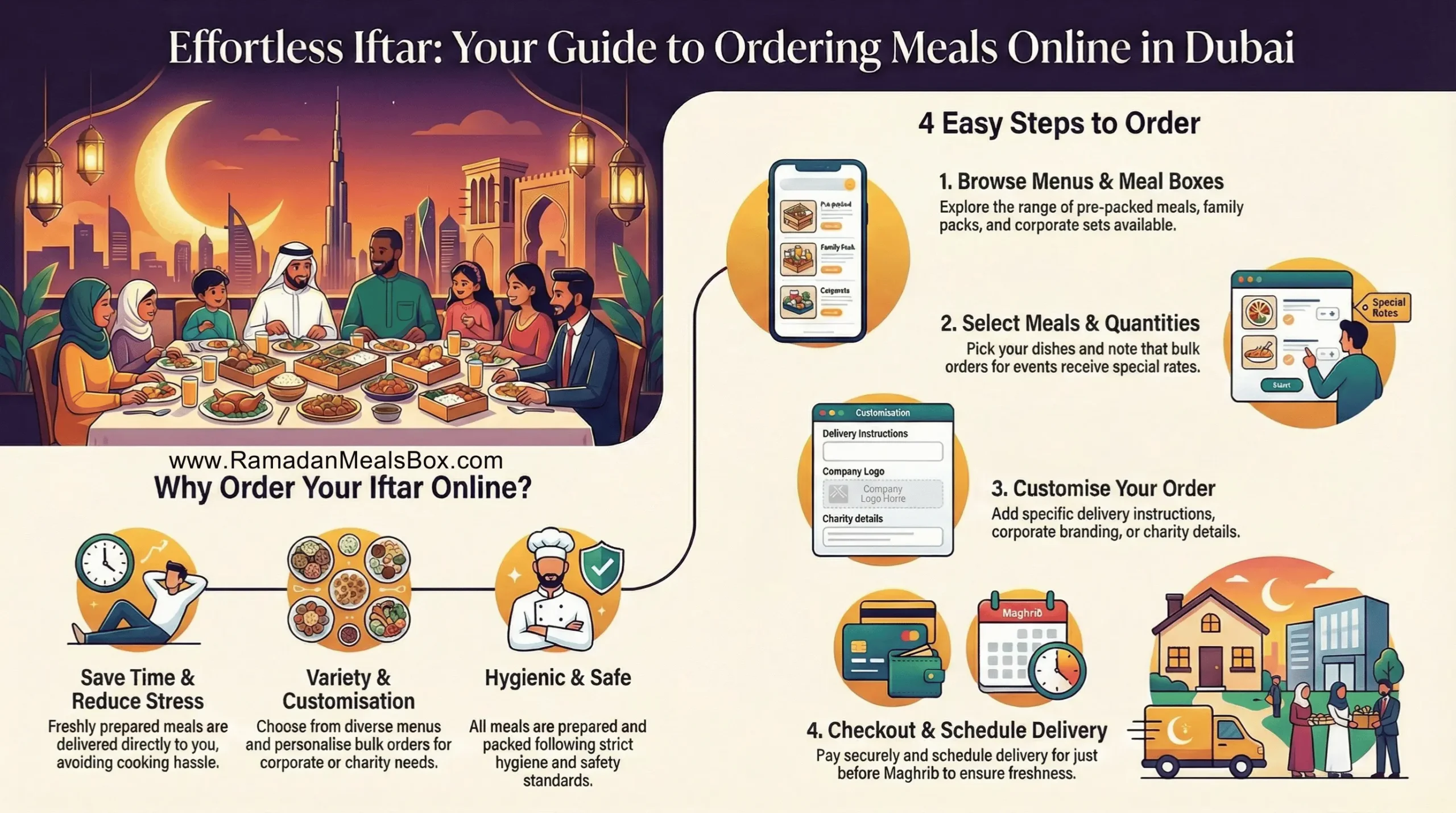 How to Order Iftar Meals Online in Dubai Easy Guide for Ramadan RamadanMealsBox.com infographic